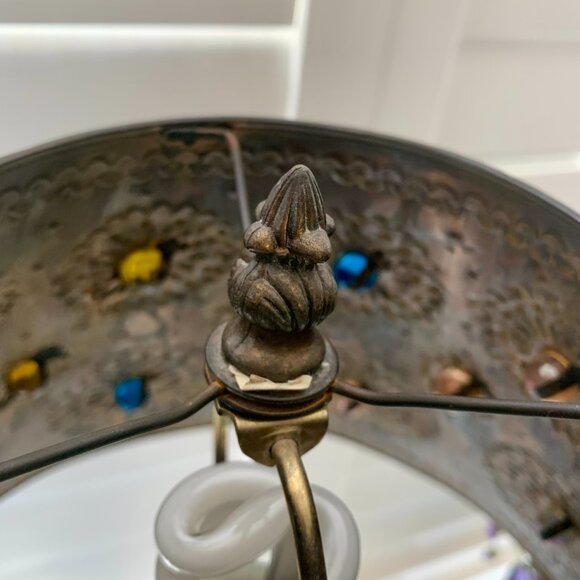 Vintage Handcrafted Mexican Punched Tin Table Lamp with Glass Marble Shade - Picture 4 of 11